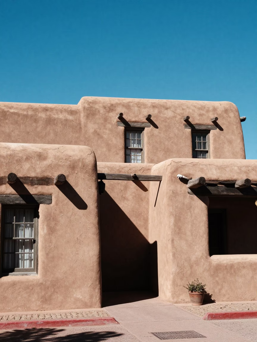 Midday Sunlight on Santa Fe Adobe Architecture and Historic Plaza Street Scene in in Santa Fe, New Mexico, United States