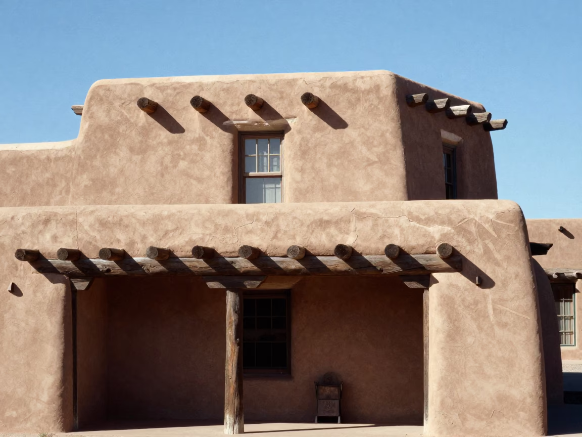 Midday Sunlight on Santa Fe Adobe Architecture and Local Market Goods in in Santa Fe, New Mexico, United States