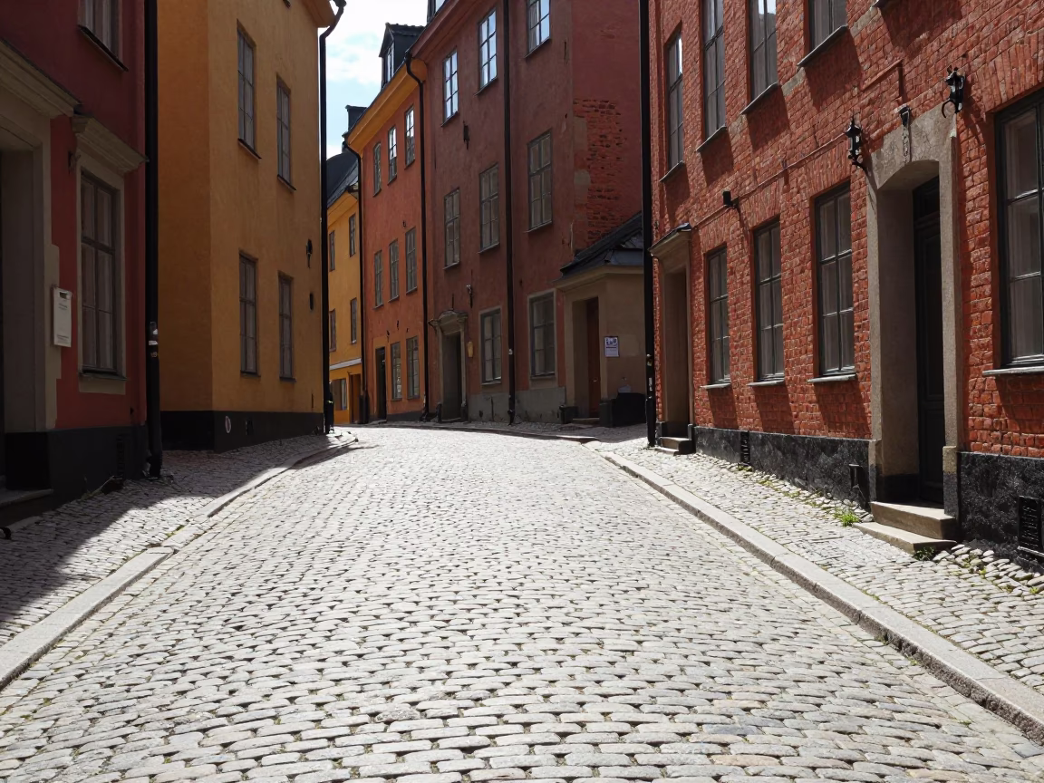 Midday Sunlight on Stockholm Gamla Stan Cobblestones and Historic Brick Architecture in in Stockholm, Sweden