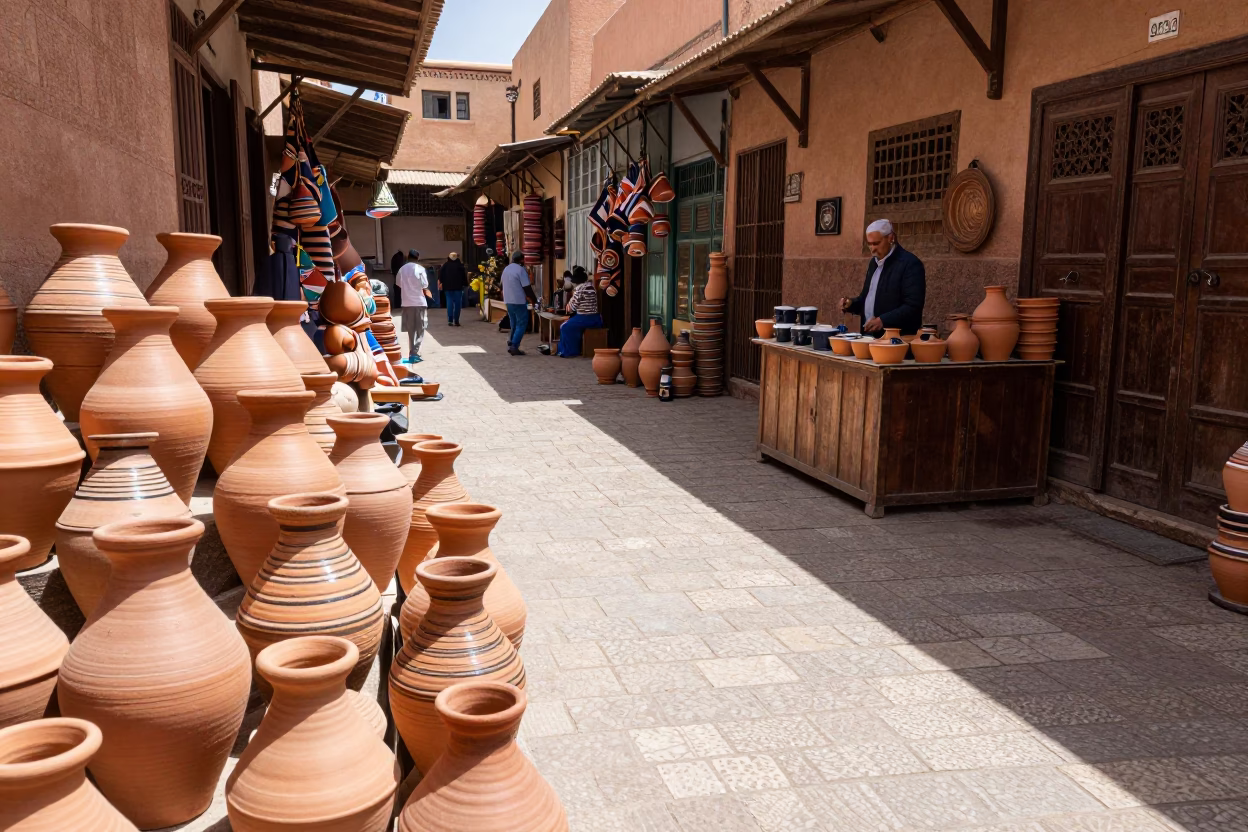 Midday Sunlight on Terracotta Pots in Marrakech Souk Market in in Marrakech, Morocco