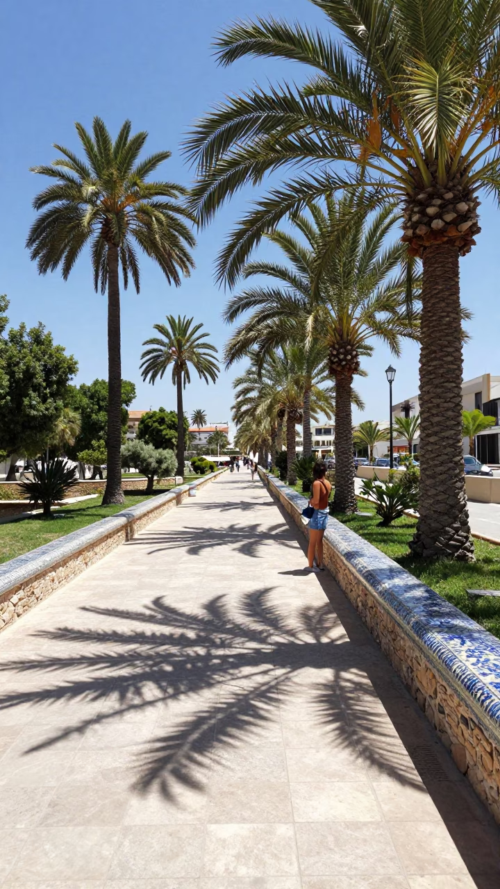 Midday Sunlight on Valencia Turia Gardens Path with Ceramic Pitcher and Frangipani Bloom in in Valencia, Spain