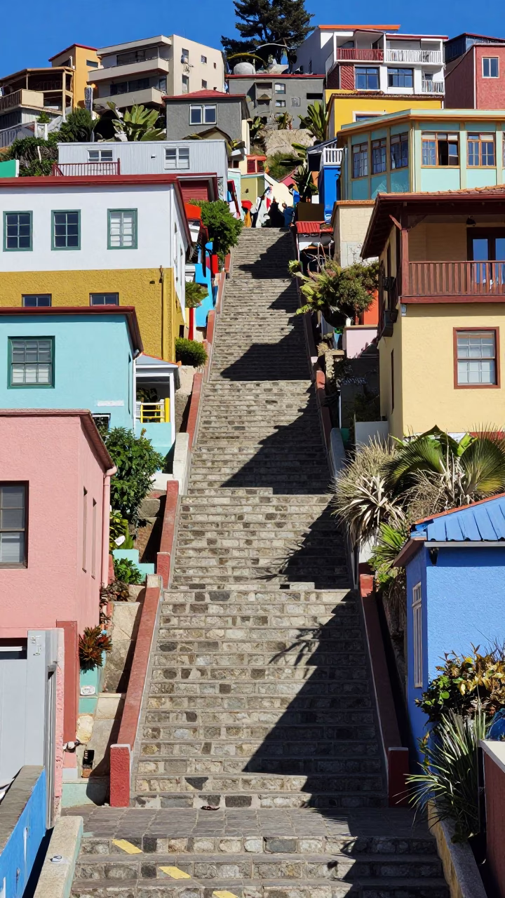 Midday Sunlight on Valparaiso Chile Colorful Hillside Stairs and Coastal Architecture in in Valparaiso, Chile