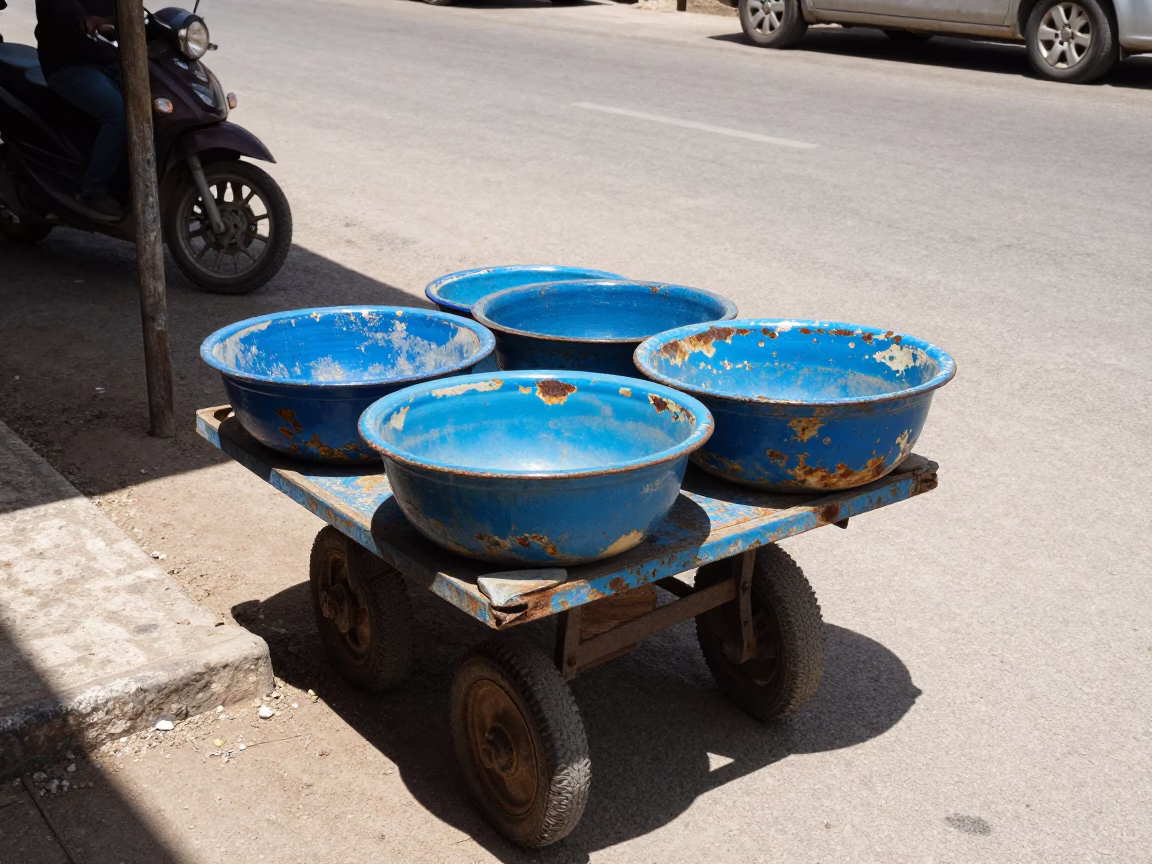 Midday Sunlight on Weathered Blue Enamel Basin in Alexandria Egypt in in Alexandria, Egypt