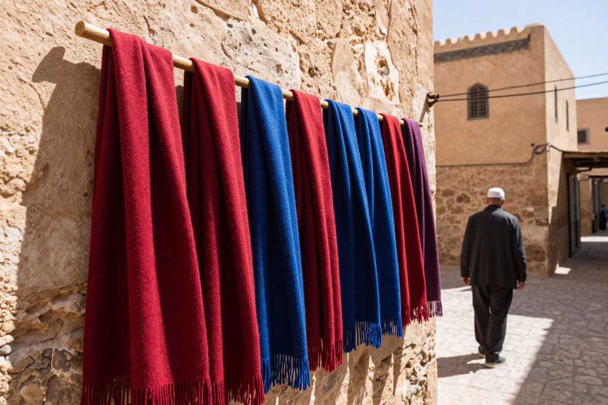 Midday Sunlight on Wool Scarves in Fez Morocco Souk Alley in in Fez, Morocco