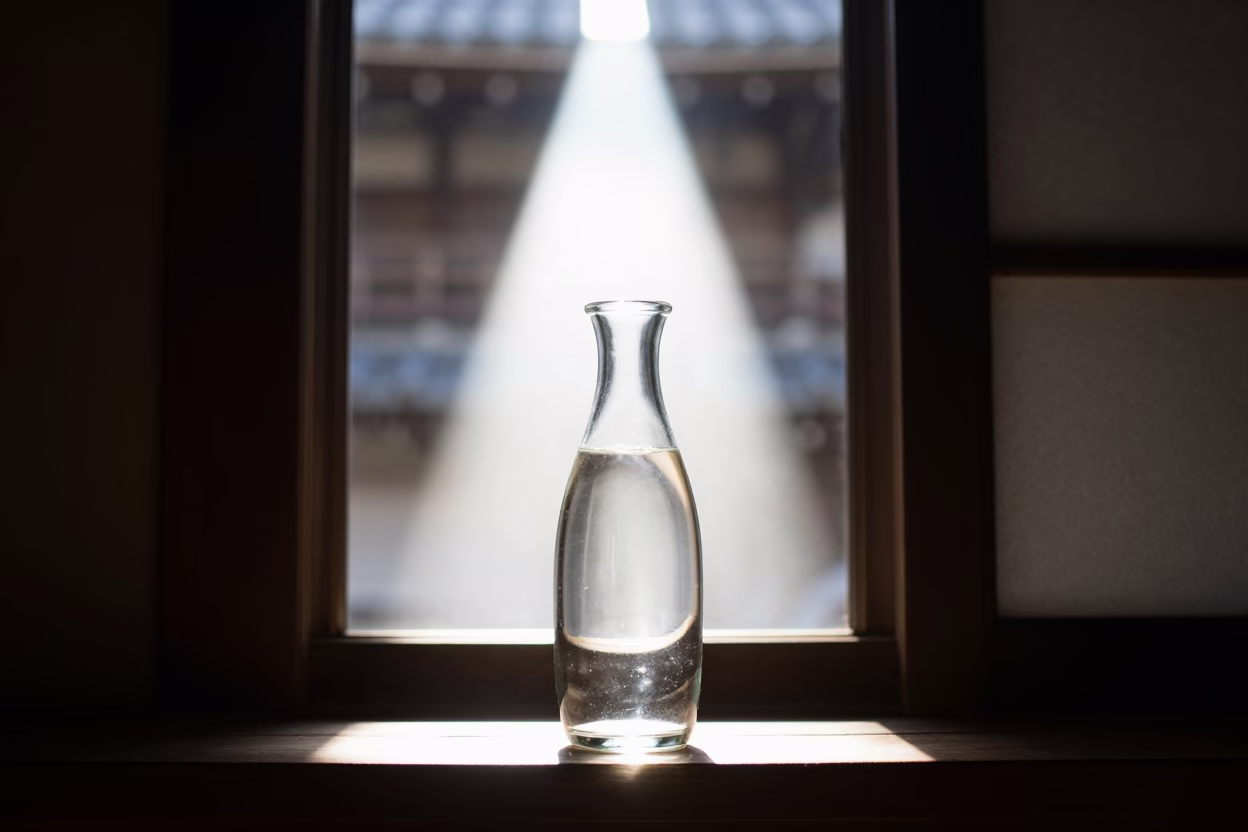 Midday Sunlight Through Kyoto Temple Window Illuminating Glass Bottle Neck and Ceramic Tea Ware in in Kyoto, Japan