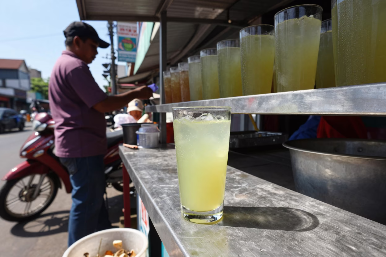Midday Surabaya Street Scene with Glass of Fresh Sugarcane Juice and Brushed Steel Shelf in in Surabaya, Indonesia