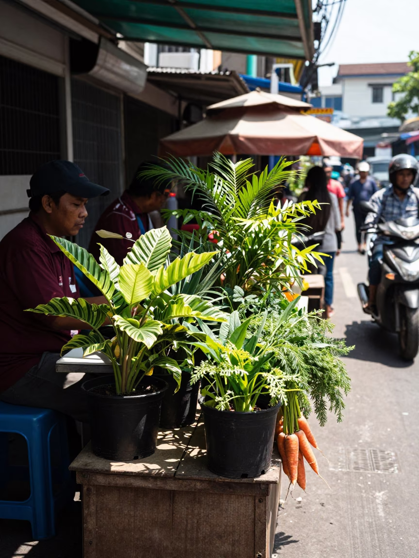 Midday Surabaya Street Scene with Houseplants and Carrots in Indonesian Market in in Surabaya, Indonesia