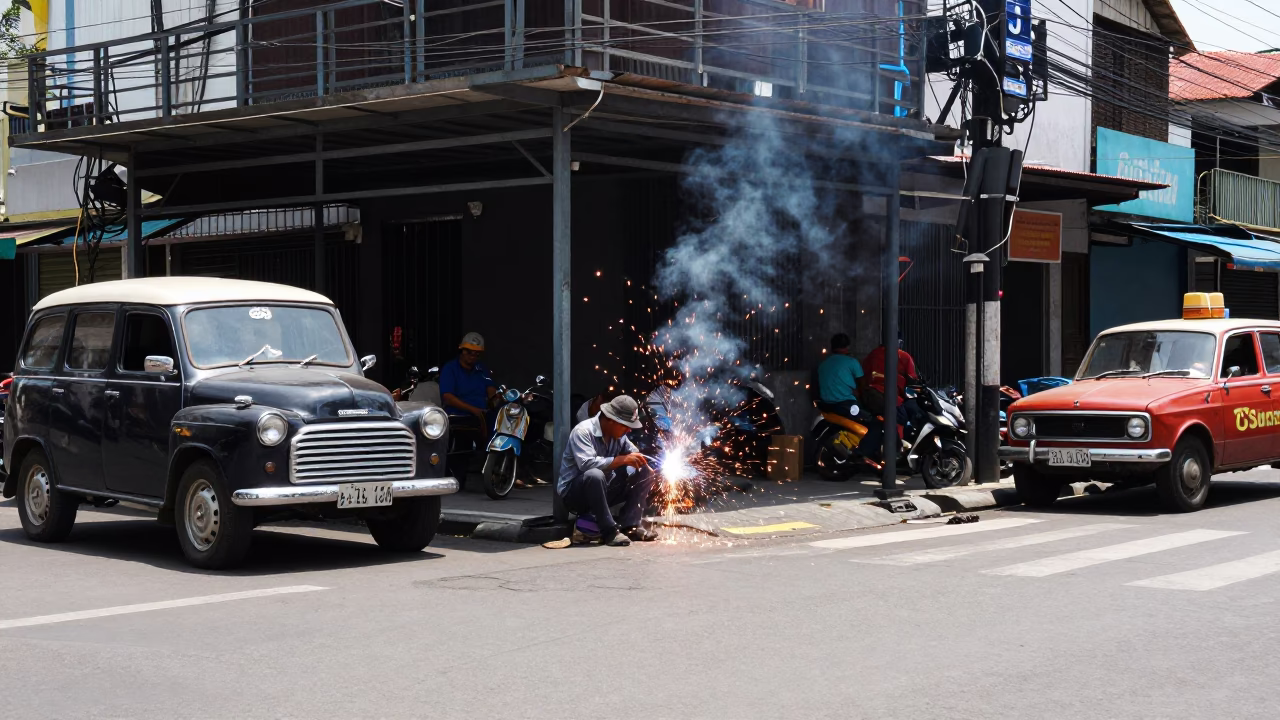 Midday Surabaya Street Scene with Welding Sparks and Vintage 1960s Atmosphere in in Surabaya, Indonesia