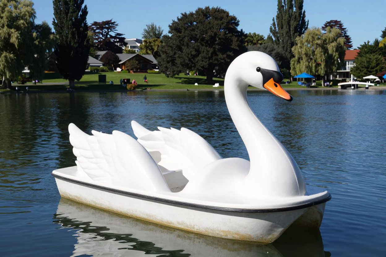 Midday Swan Pedal Boat on Lake in Christchurch New Zealand Park in in Christchurch, New Zealand