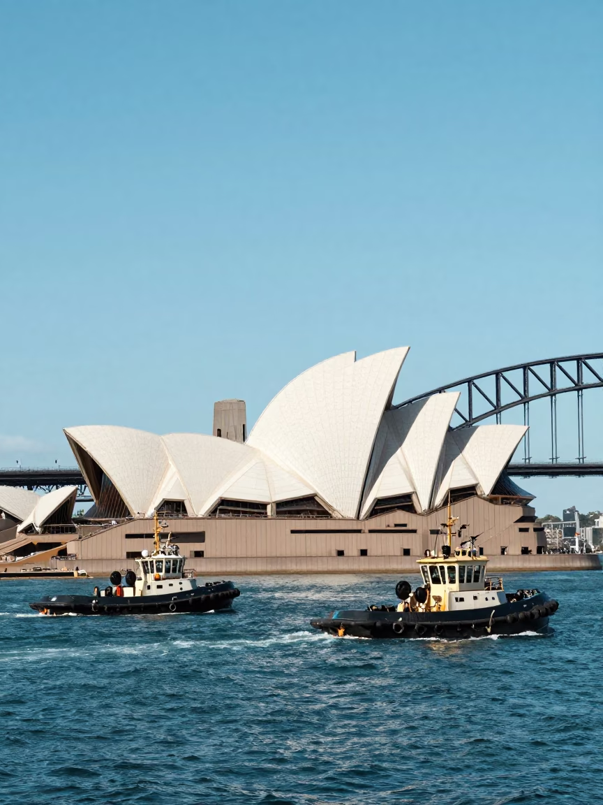 Midday Sydney Harbour Bridge and Opera House with Tugboat Fleet Navigating Water in in Sydney, New South Wales, Australia