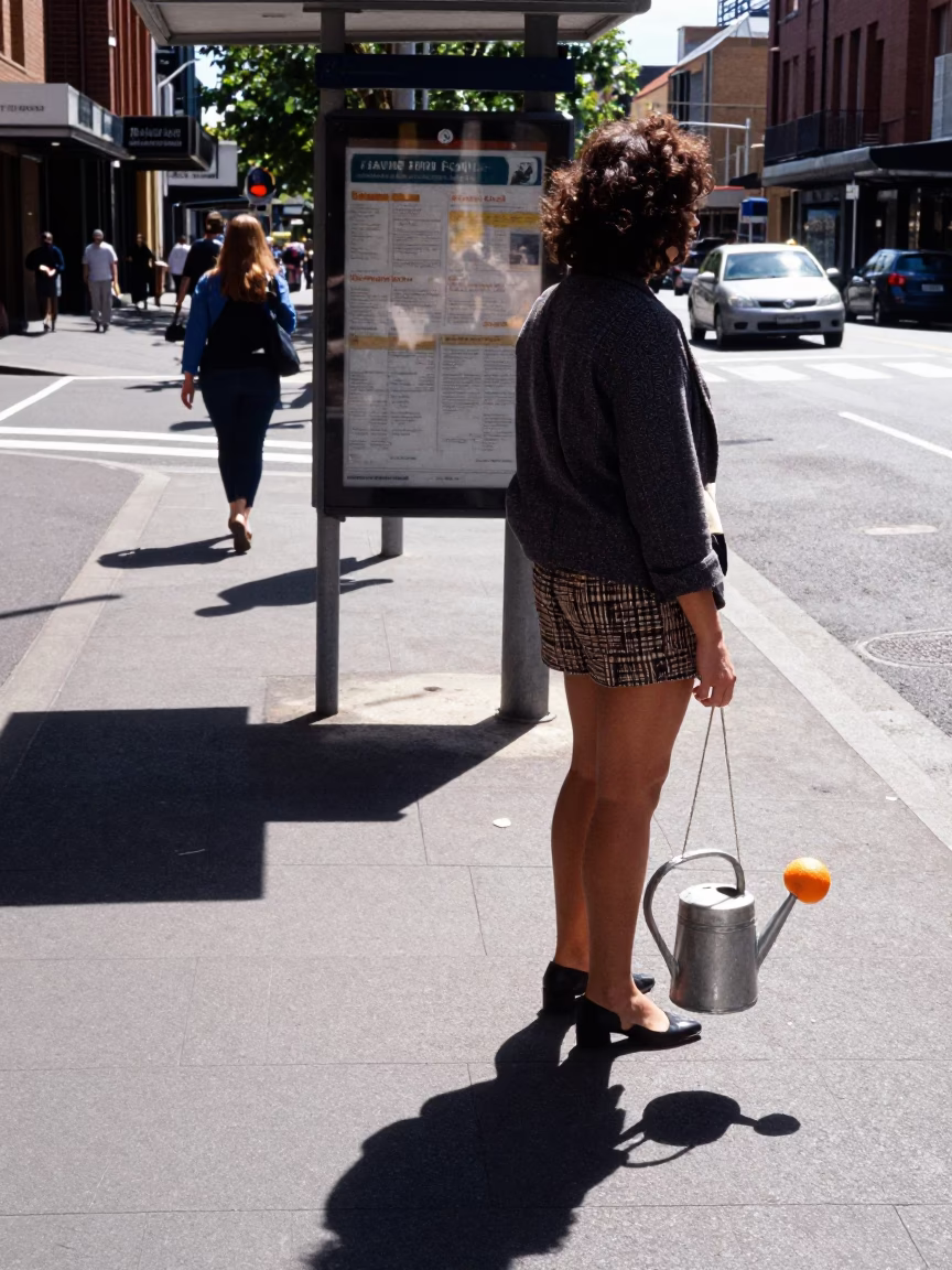 Midday Sydney Street Scene with Watering Jug and Orange Peel in High Fashion Context in in Sydney, New South Wales, Australia