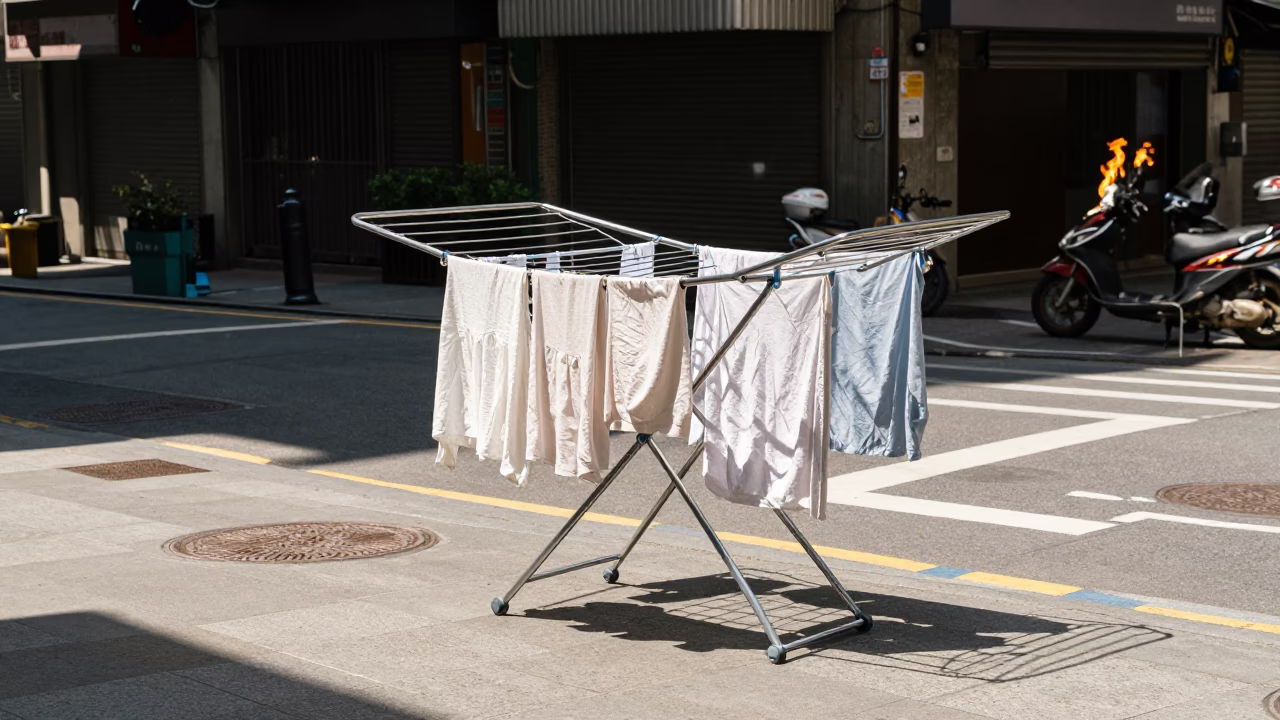 Midday Taipei Street Scene with Drying Rack and Flame Tree Bloom in in Taipei, Taiwan