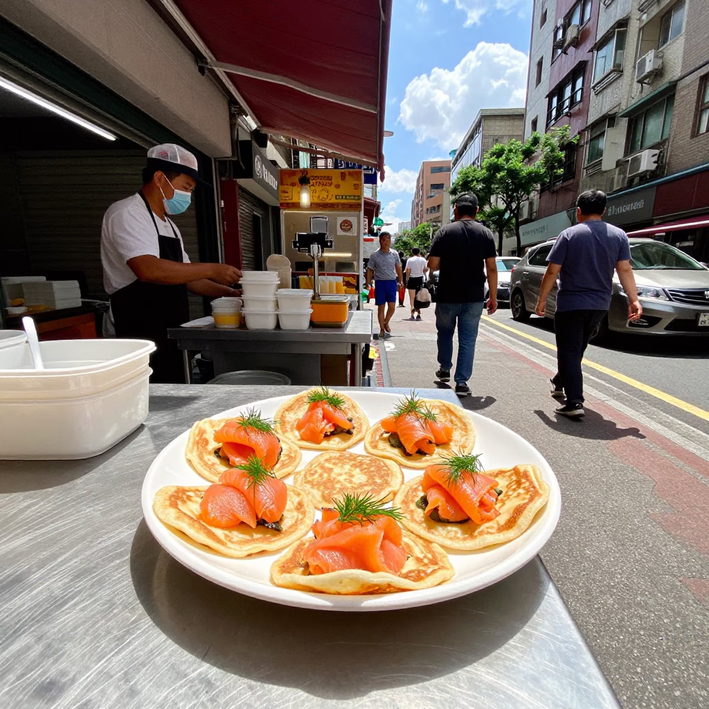 Midday Taipei Street Scene with Food Vendor and Urban Life in Taiwan in in Taipei, Taiwan