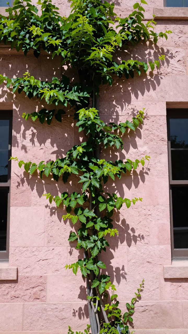 Midday Texas Sunlight on Limestone Walls and Green Vines in Austin in in Austin, Texas, United States