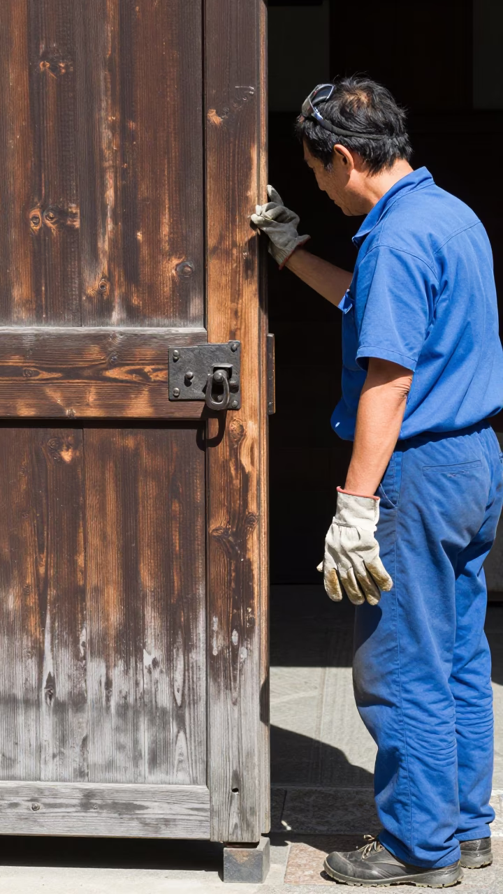 Midday Tokyo Street Scene with Gardener and Traditional Iron Hardware in in Tokyo, Japan