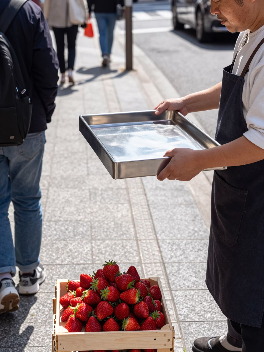 Midday Tokyo Street Scene with Strawberries and Brushed Steel Tray in 1980s Japan in in Tokyo, Japan
