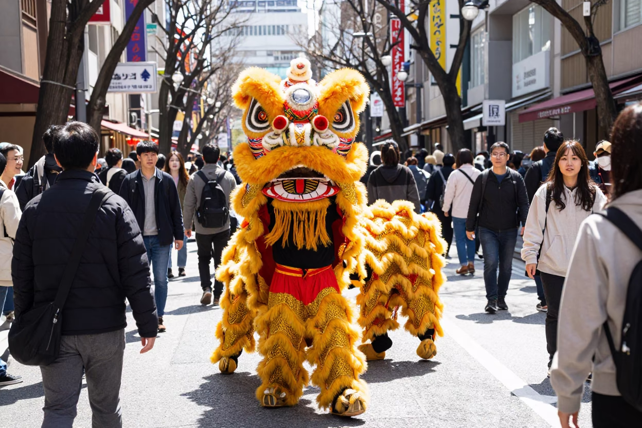 Midday Tokyo Street Scene with Traditional Lion Dance Performance in Urban District in in Tokyo, Japan