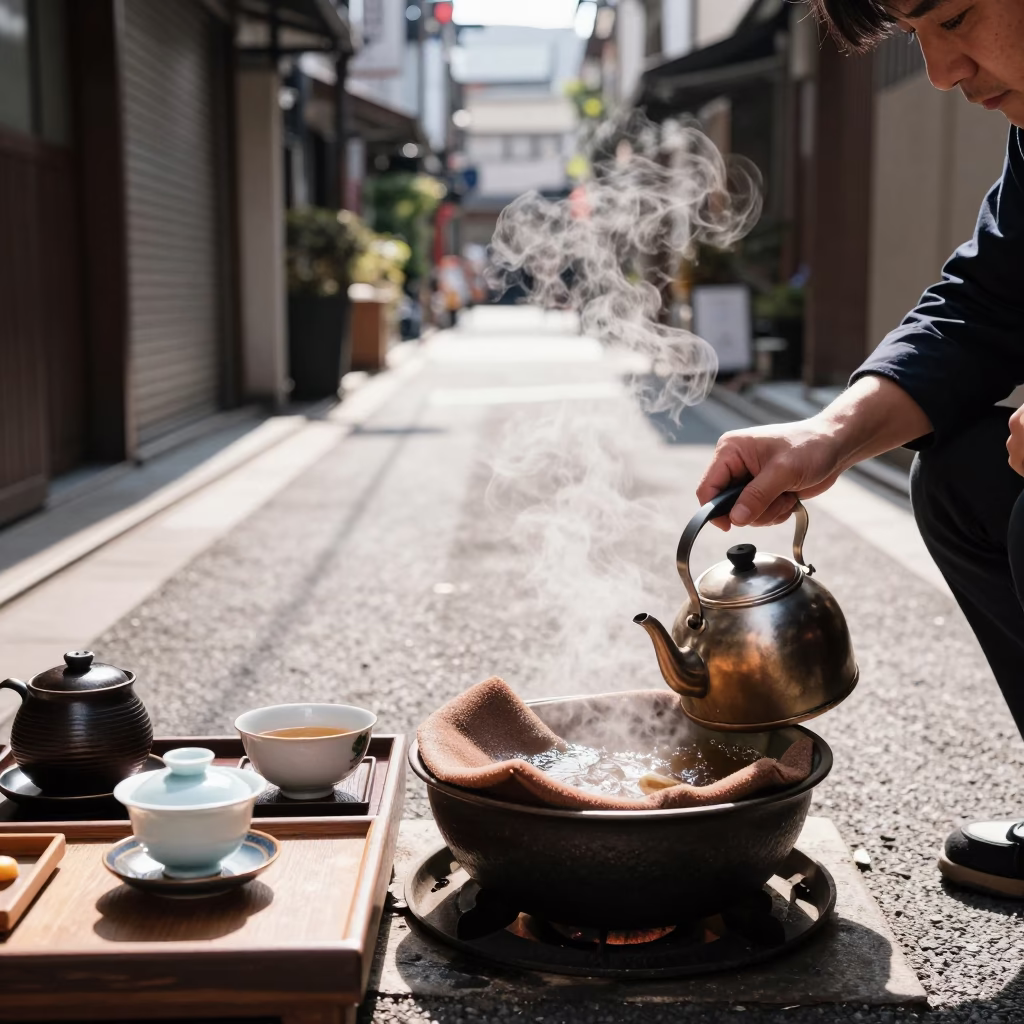Midday Tokyo Street Scene with Traditional Tea Service and Steam in in Tokyo, Japan