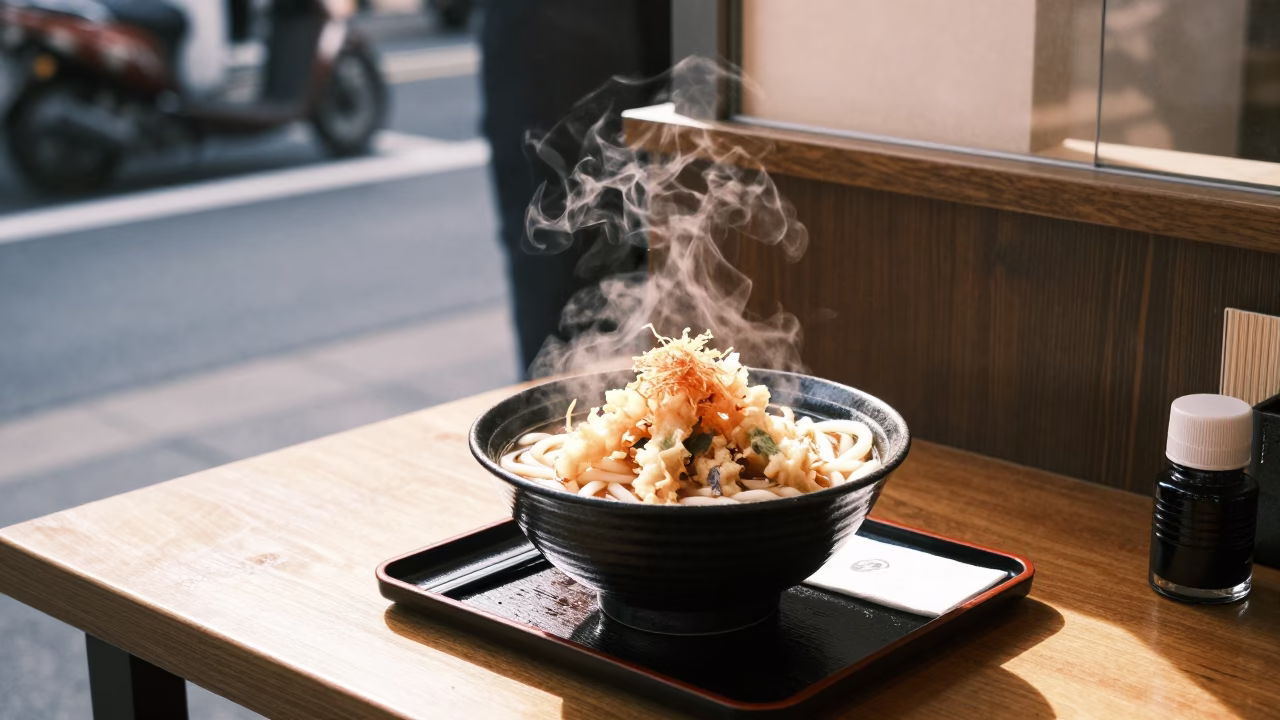 Midday Tokyo Street Scene with Udon Bowl and Ink Bottle on Cafe Table in in Tokyo, Japan