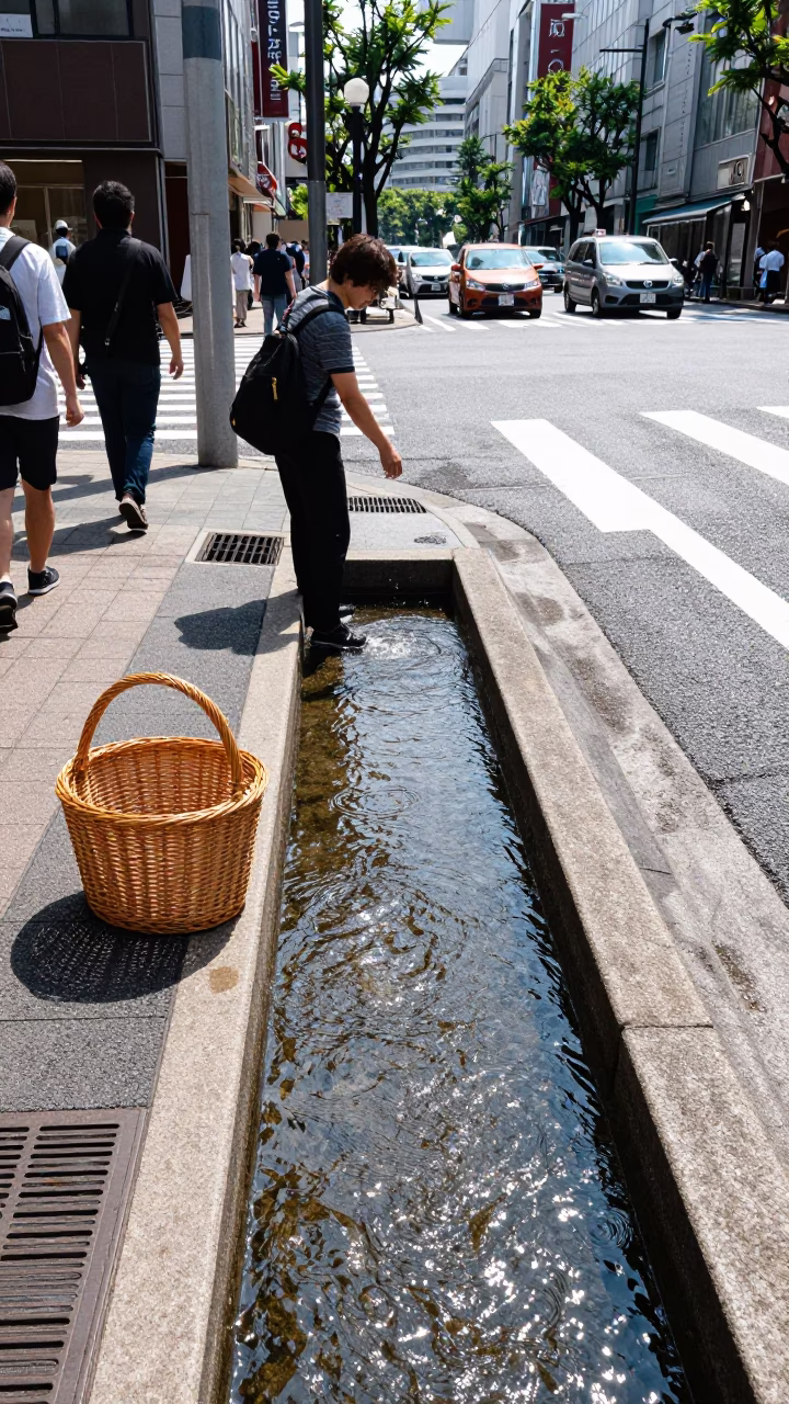 Midday Tokyo Street Scene with Wicker Hamper and Ripples in Shallow Water in in Tokyo, Japan