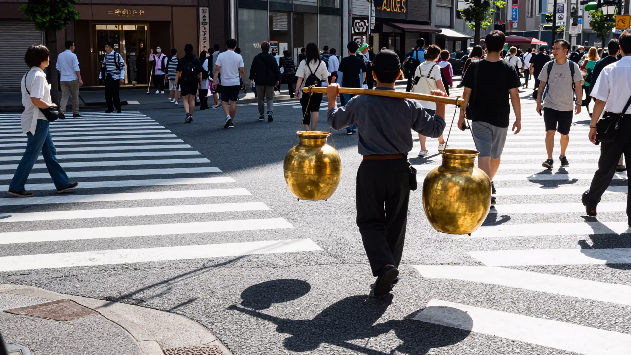 Midday Tokyo Street Scene with Wicker Shadow and Brass Water Carrier in in Tokyo, Japan