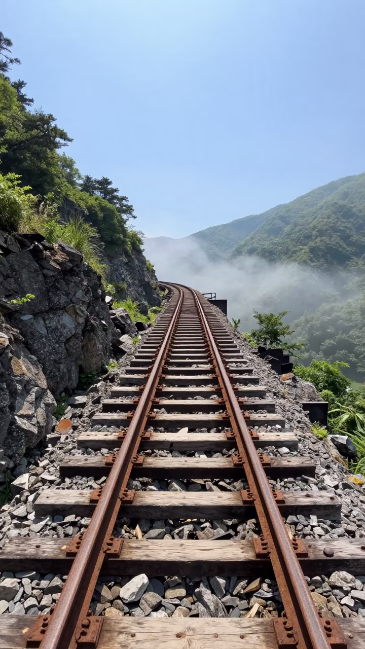 Midday Train Trestle Over Chugoku Gorge in along a switchback approach in Chugoku