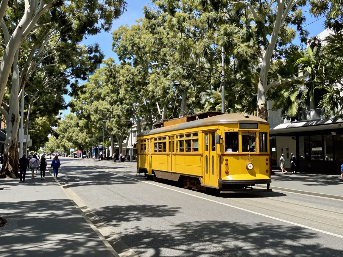 Midday Tram on Tree-Lined Boulevard in Melbourne Victoria Australia in in Melbourne, Victoria, Australia