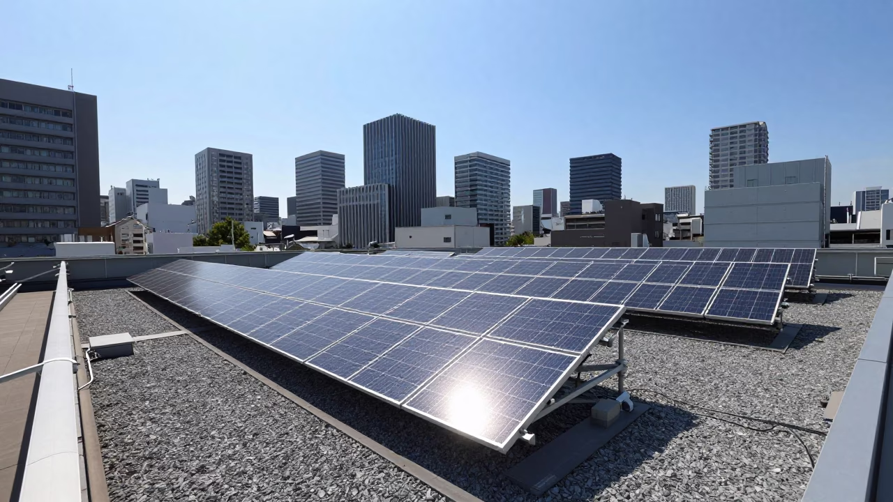 Midday Urban Landscape of Osaka Japan with Solar Panels and City Skyline View in in Osaka, Japan