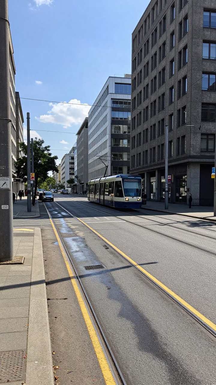 Midday Urban Street Scene in Berlin Germany with Tram Tracks and Concrete Infrastructure in in Berlin, Germany