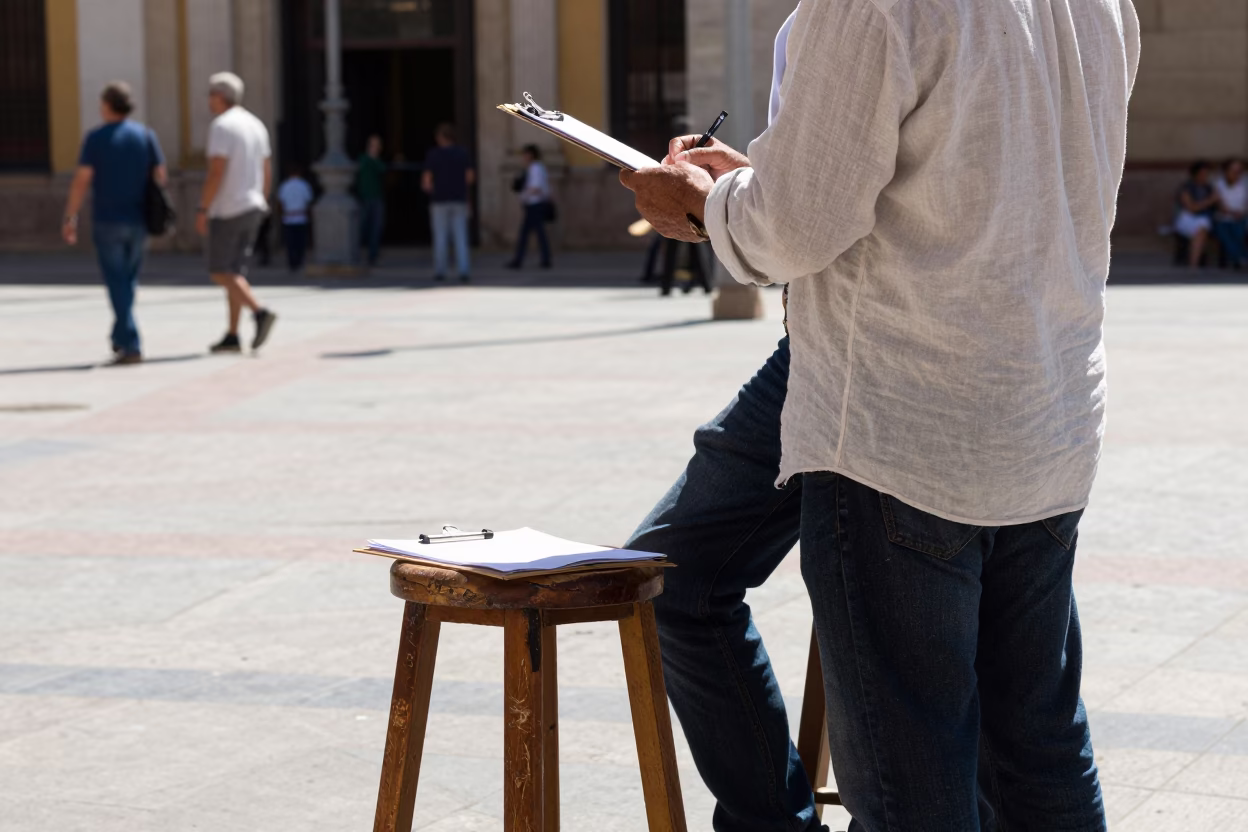Midday Valencia Plaza Scene with Clipboard and Stool Scratches in in Valencia, Spain