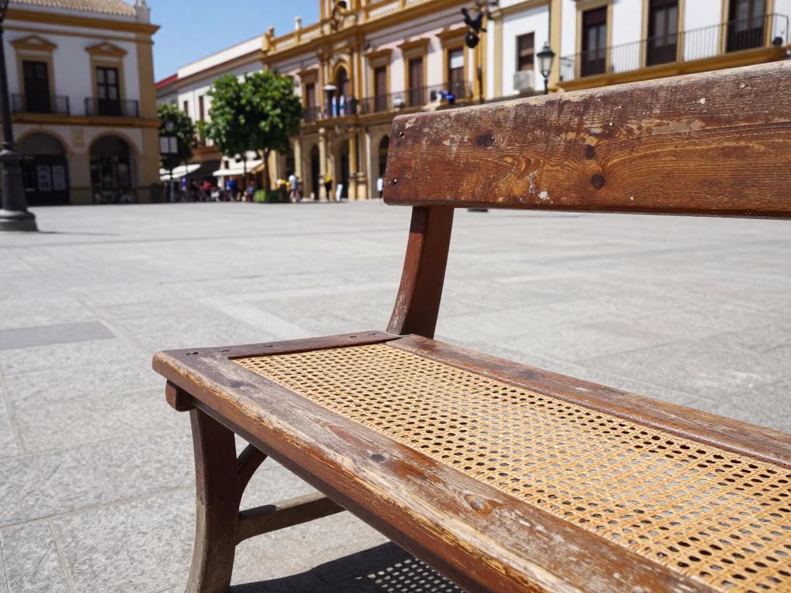 Midday Valencia Plaza Scene with Woven Cane Texture and Figs on Stone Bench in in Valencia, Spain