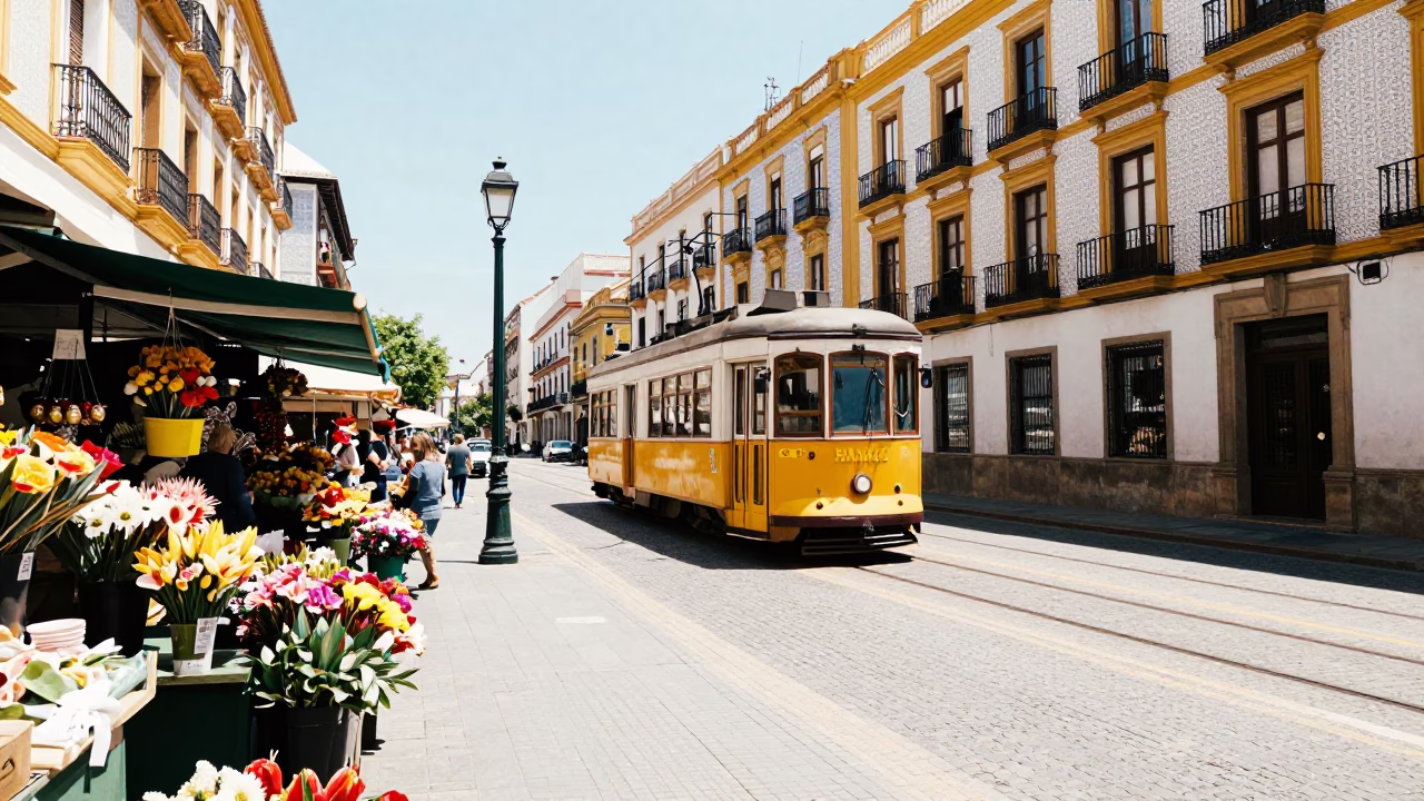 Midday Valencia Spain Street Scene with Tram and Flower Market Stalls in in Valencia, Spain