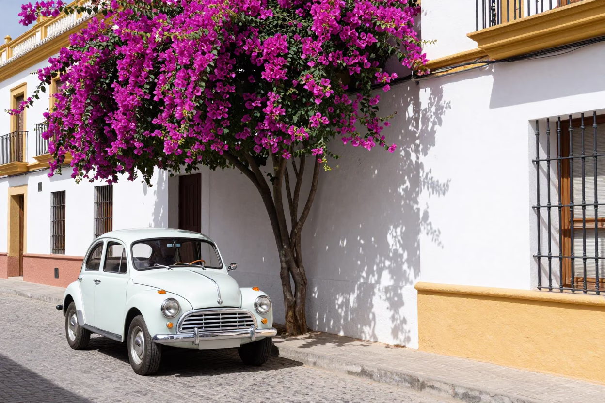 Midday Valencia Street Scene with Bougainvillea and Vintage Car Rally in in Valencia, Spain