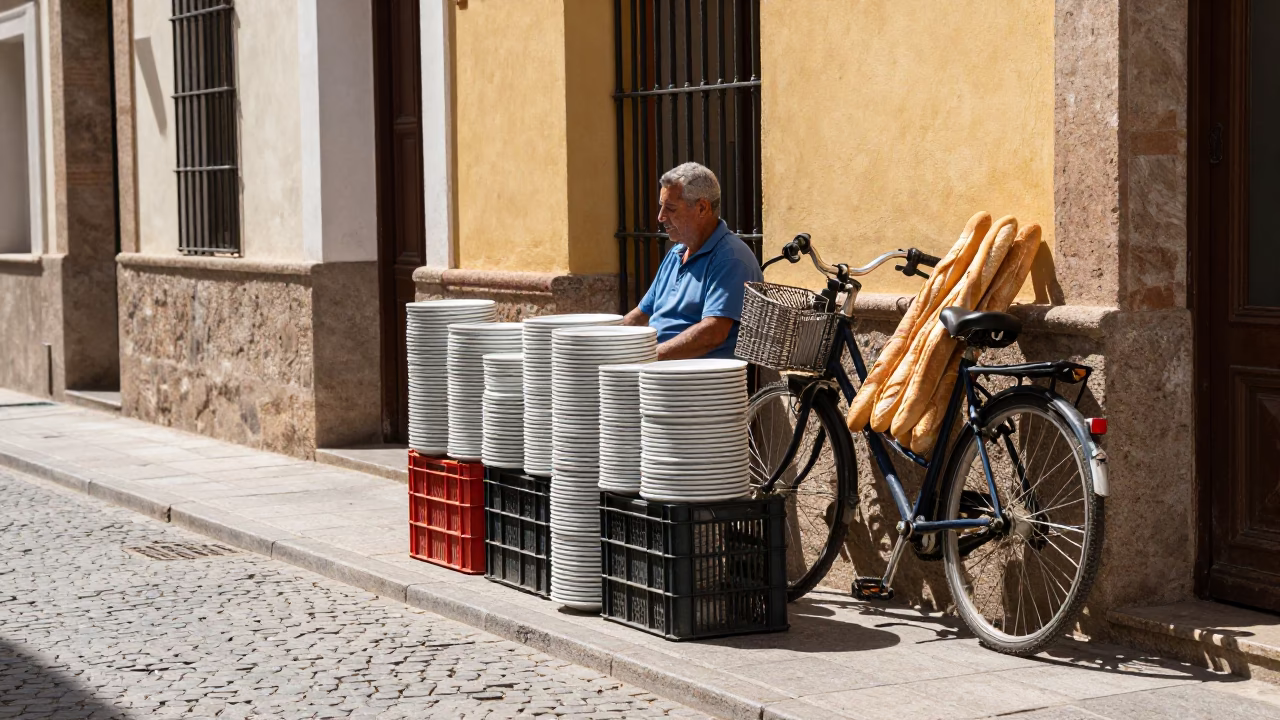 Midday Valencia Street Scene with Stacked Plates and Bicycle Baguettes in in Valencia, Spain