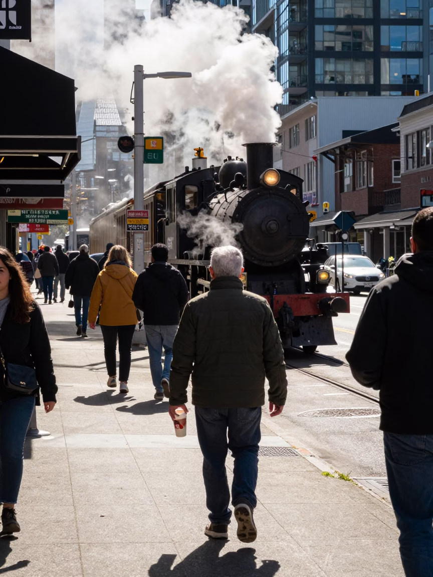 Midday Vancouver Street Scene with Steam and Lumber Train in Background in in Vancouver, British Columbia, Canada