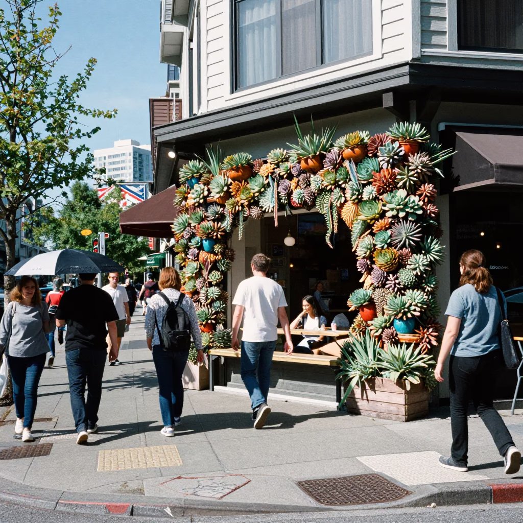 Midday Vancouver Street Scene with Succulent Cafe Wall and Urban Pedestrians in in Vancouver, British Columbia, Canada