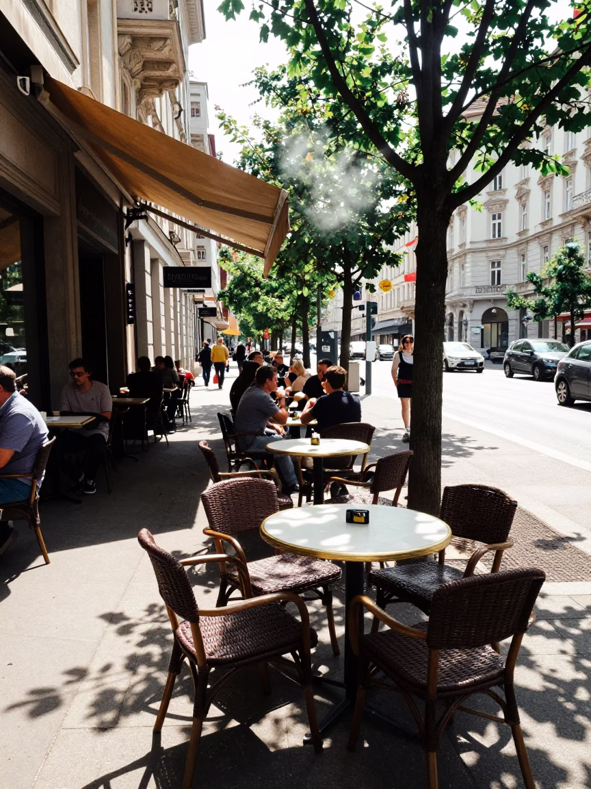Midday Vienna Street Scene with Fig Tree and Condensation on Stool in in Vienna, Austria