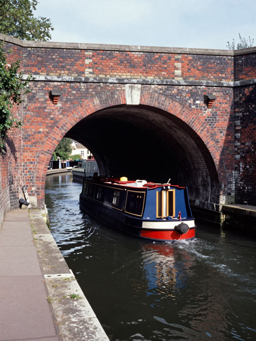Midday View of Brick Canal Tunnel and Narrowboat in London United Kingdom in in London, United Kingdom