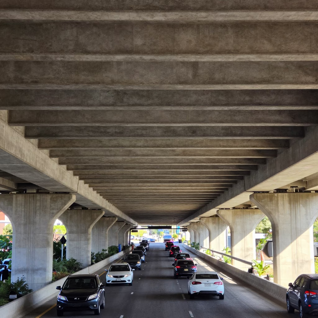 Midday View of Philadelphia Interstate Overpass Undercarriage with Traffic Shadows and Urban Infrastructure in in Philadelphia, Pennsylvania, United States