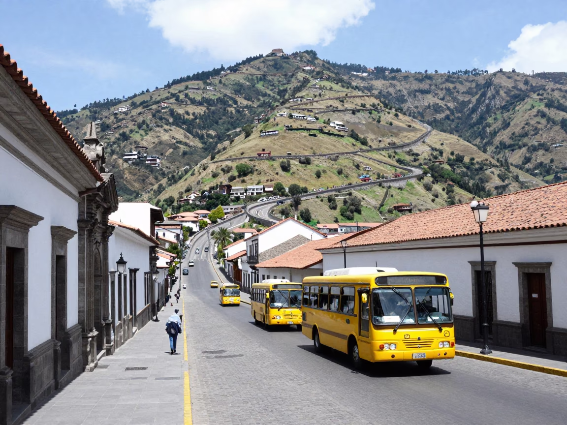 Midday View of Quito Ecuador Colonial Architecture and Winding Mountain Highway in in Quito, Ecuador