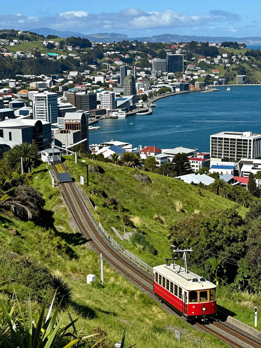 Midday View of Wellington Harbour and Cable Car Track Against Blue Sky in in Wellington, New Zealand