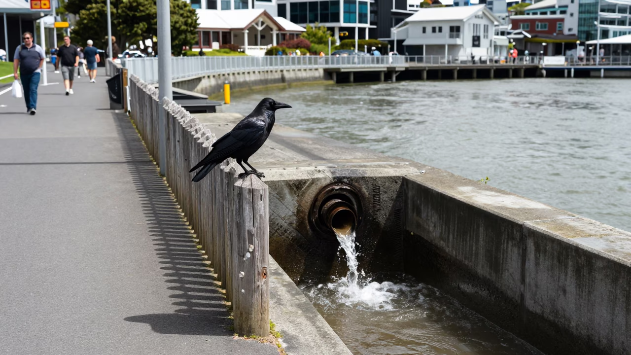 Midday Wellington Street Scene with Crow and Storm Drain Outfall in in Wellington, New Zealand