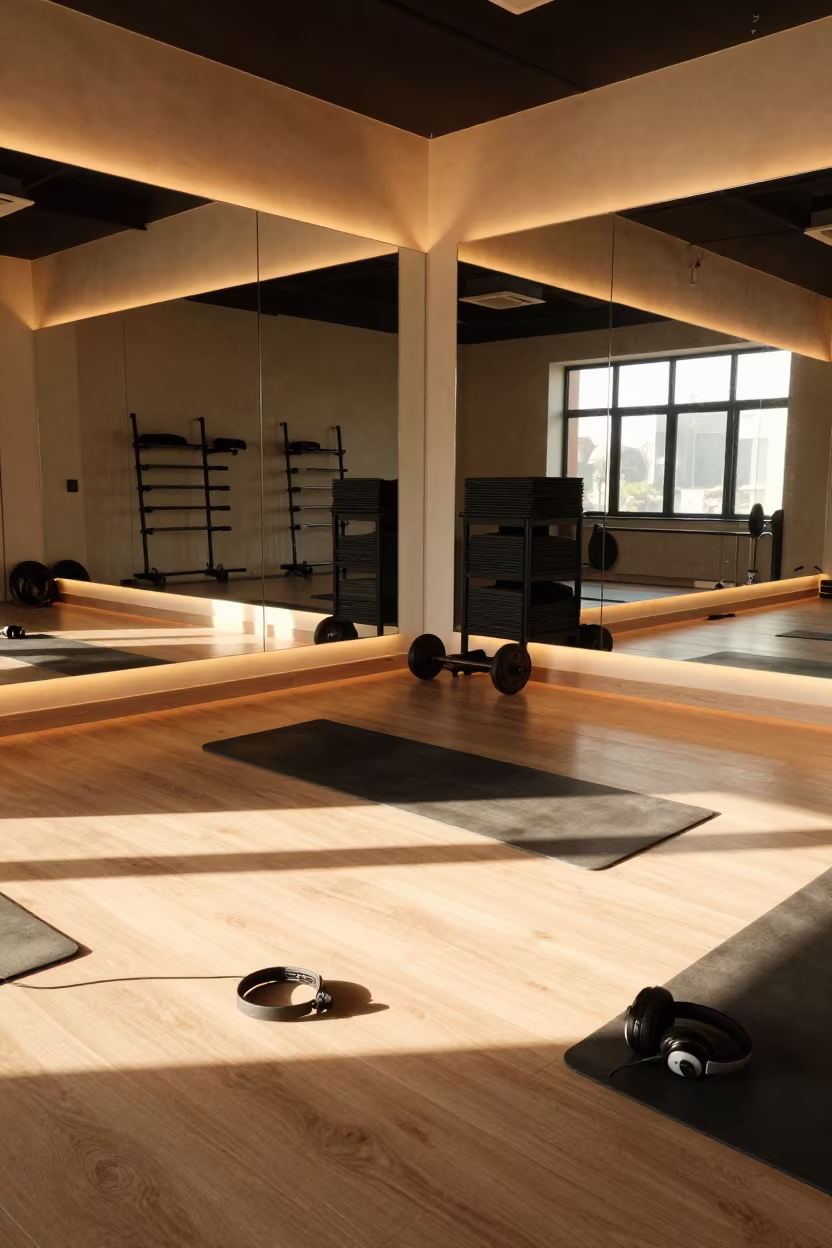 Midday Yoga Studio Quiet Before Class in inside a yoga studio before the session begins near Multan
