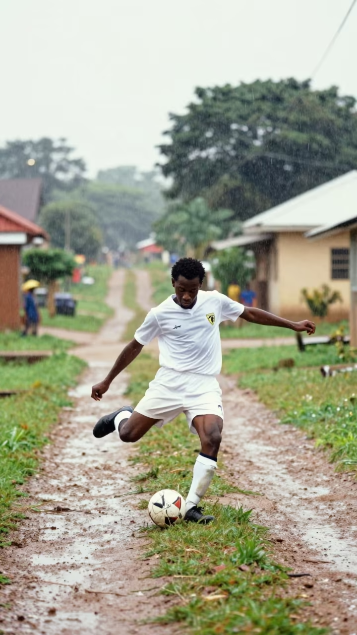 Midfielder Chipping Ball in Brazzaville Lane in in a village lane near Brazzaville