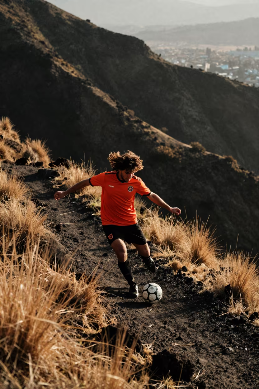 Midfielder Chipping Ball on Mountain Path in on a mountain path near Guatemala City