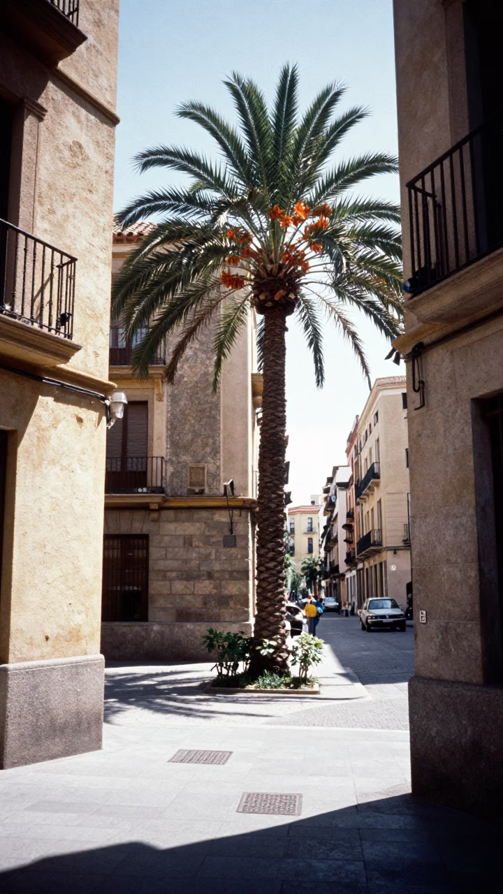 Midmorning Barcelona Street Scene with Date Palm and Coffee Shop Latch Detail in in Barcelona, Spain