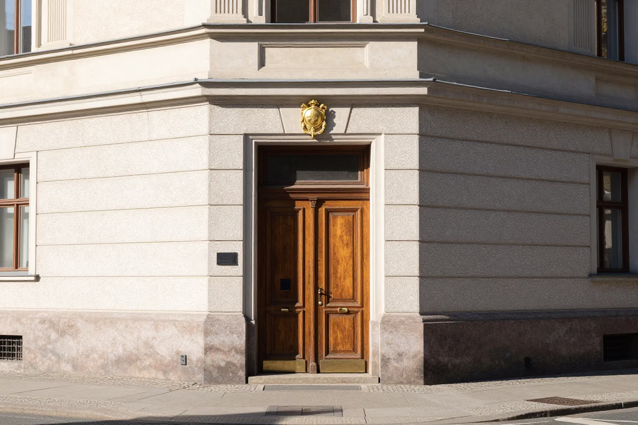 Midmorning Berlin Street Scene with Brass Escutcheon Detail and Urban Architectural Elements in in Berlin, Germany