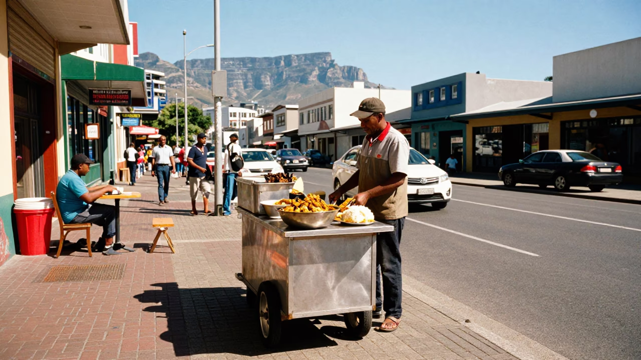Midmorning Cape Town Street Scene with Bunny Chow Curry and Local Market Activity in in Cape Town, South Africa