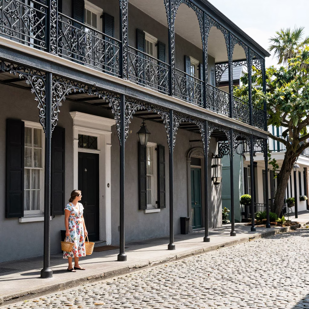 Midmorning Charleston Street Scene with Wrought Iron Details and Local Basket in in Charleston, South Carolina, United States
