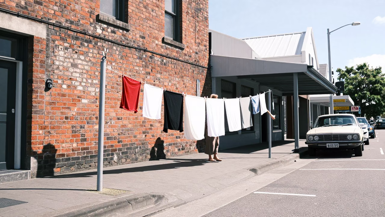 Midmorning Christchurch Street Scene with Laundry Pins and Hand Broom in in Christchurch, New Zealand